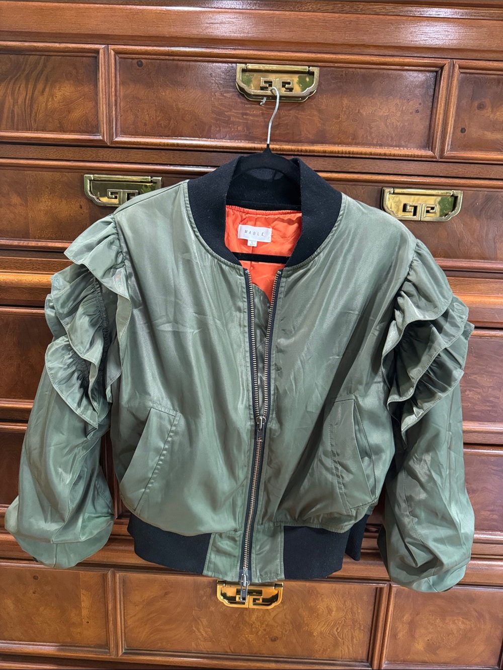 MABLE Anthropologie Olive Green Ruffle-Sleeve Bomber Jacket with Orange Lining